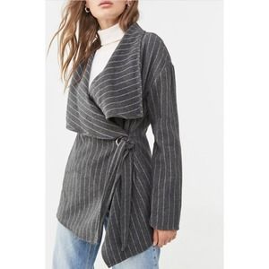 FOREVER 21 Woven Pinstripe Wrap Trench Jacket Pea‎ Coat Size S Grey Belted